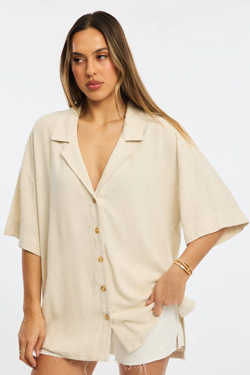 Beige Relaxed Shirt Short Sleeve Collared Linen Blend