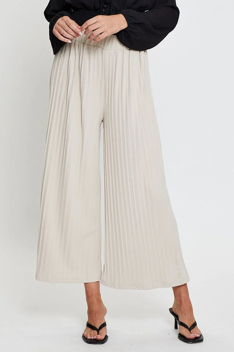 Beige Ribbed Pants High Rise Wide Leg - Image 2