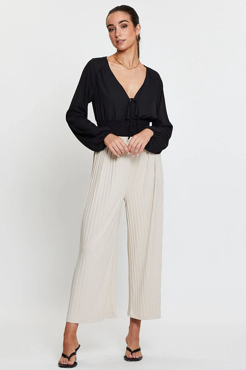 Beige Ribbed Pants High Rise Wide Leg - Image 3