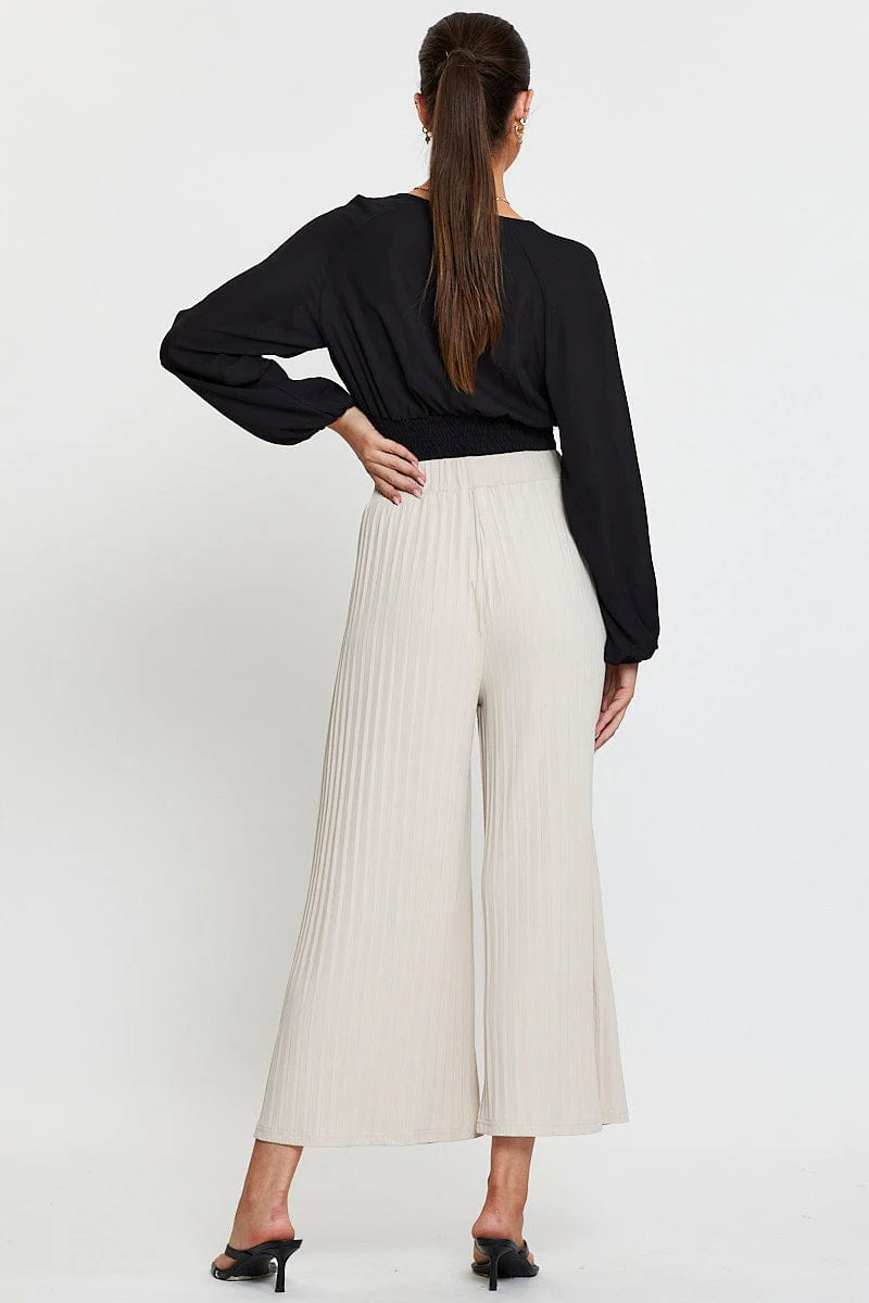 Beige Ribbed Pants High Rise Wide Leg - Image 5