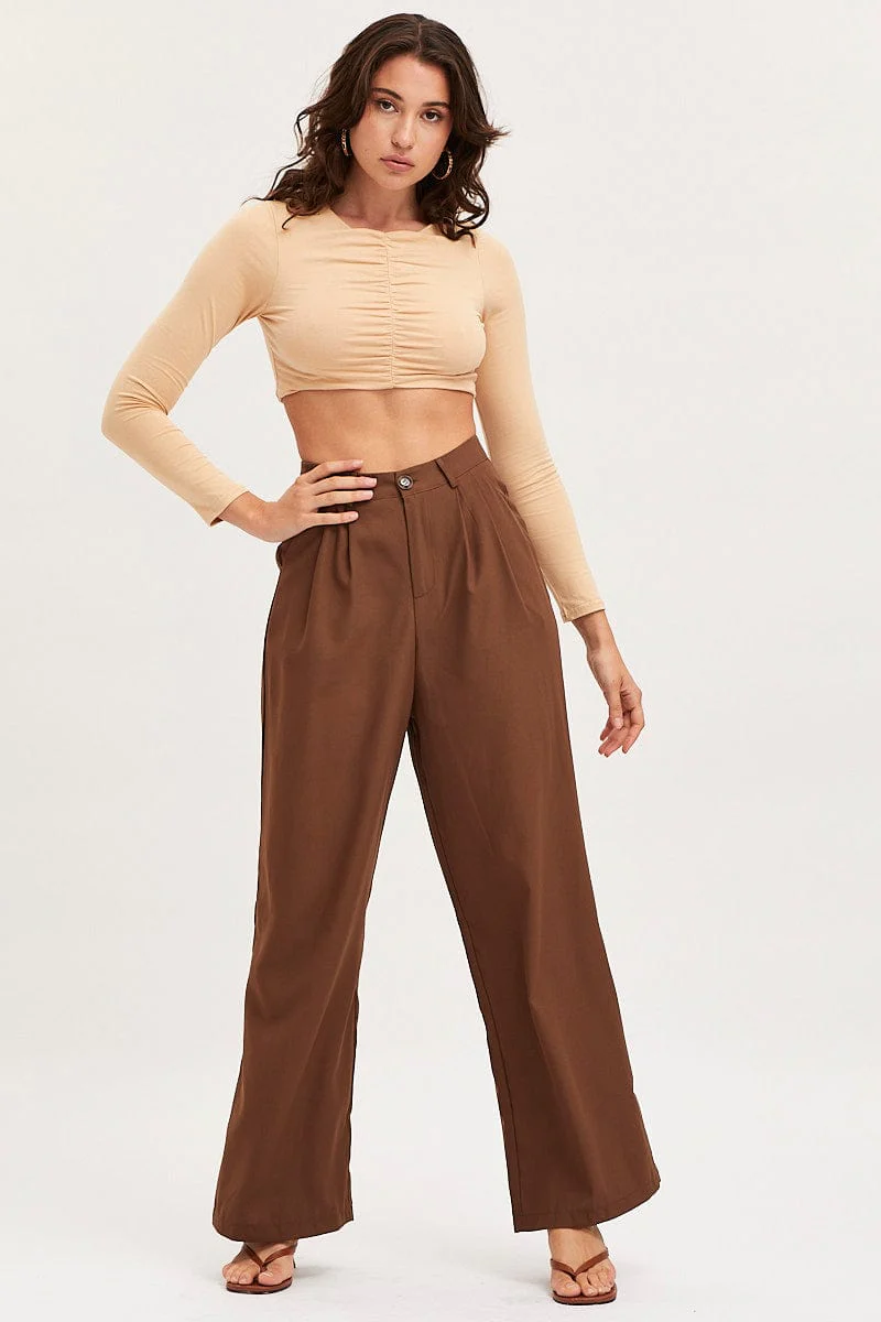Beige Ruched Crop Top Long Sleeve - Image 2