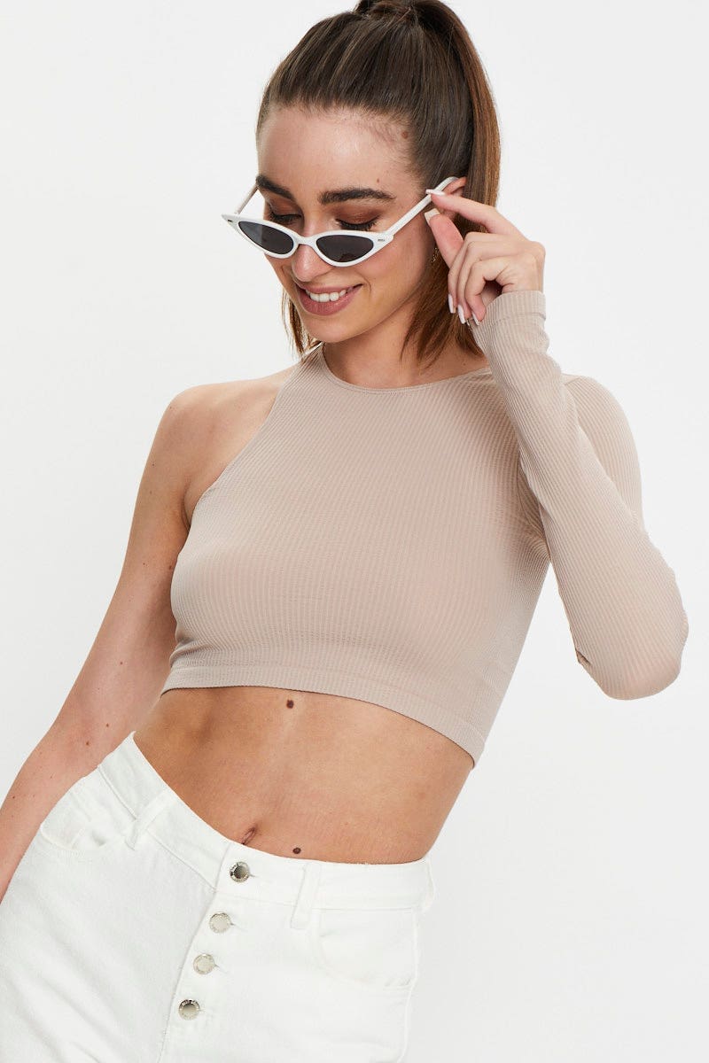 Beige Seamless One Shoulder Basic Top - Image 2