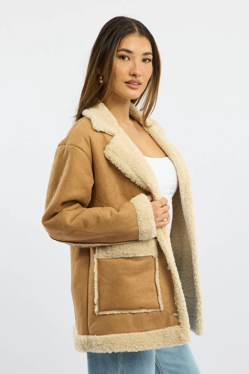 Beige Shearling Jacket Oversized Pocket Detail - Image 3