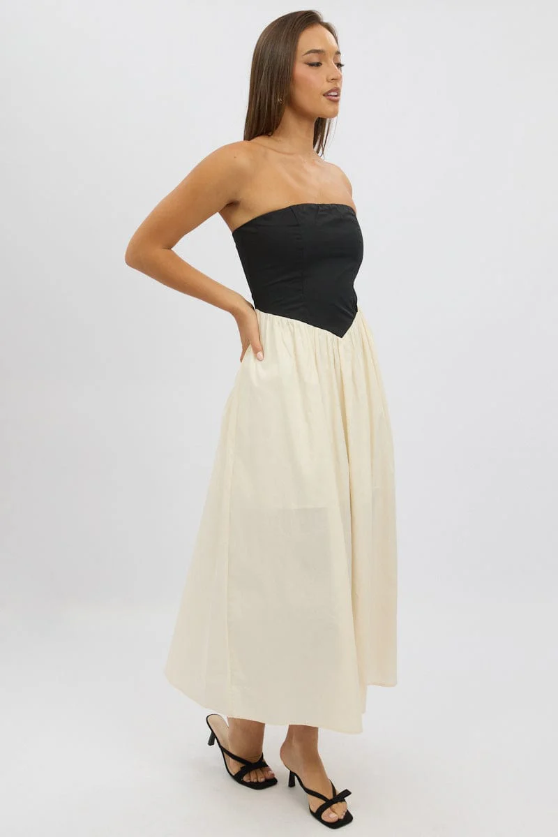 Beige Strapless Maxi Dress Colour Block - Image 4