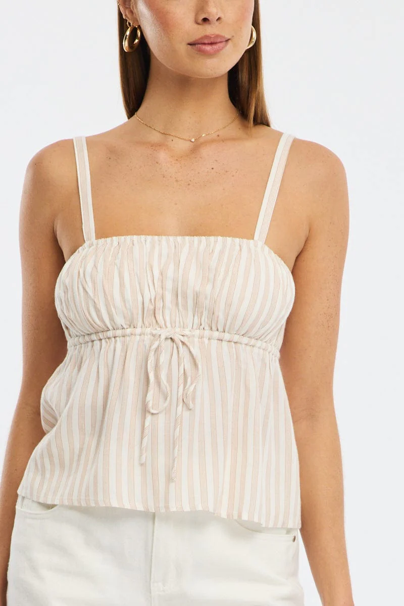 Beige Stripe Cami Top Sleeveless Front Tie Babydoll Rayon - Image 5