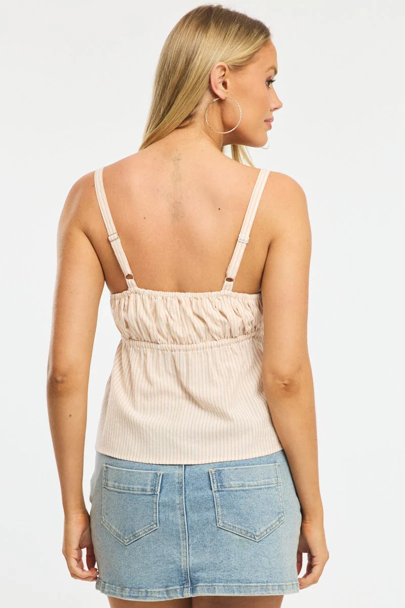 Beige Stripe Cami Top Sleeveless Front Tie Babydoll - Image 4