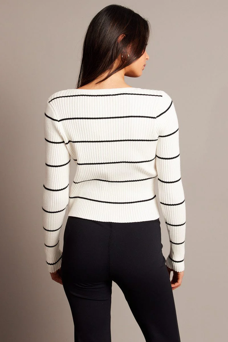 Beige Stripe Fitted Cardigan Long Sleeve Round Neck Stripe - Image 5