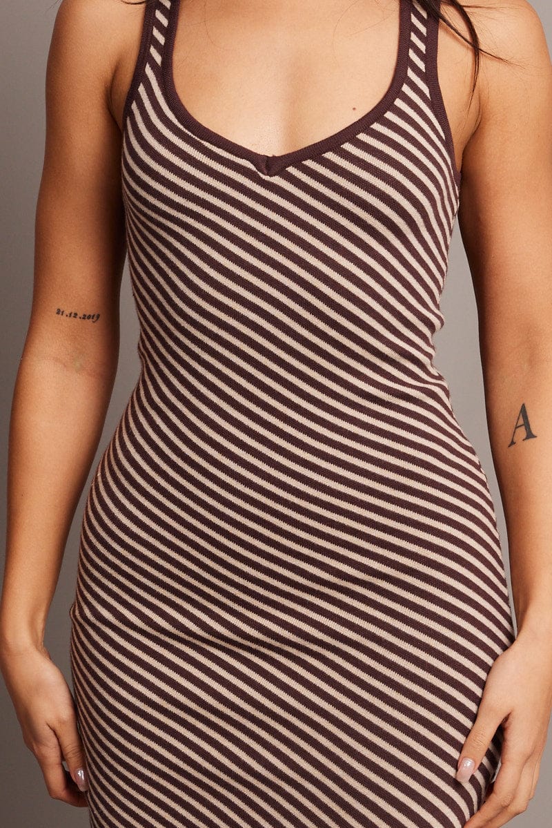 Beige Stripe Knit Dress Sleeveless - Image 6