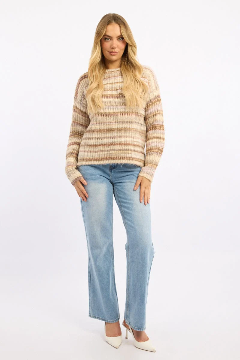 Beige Stripe Knit Jumper Long Sleeve Multi Stripe - Image 2