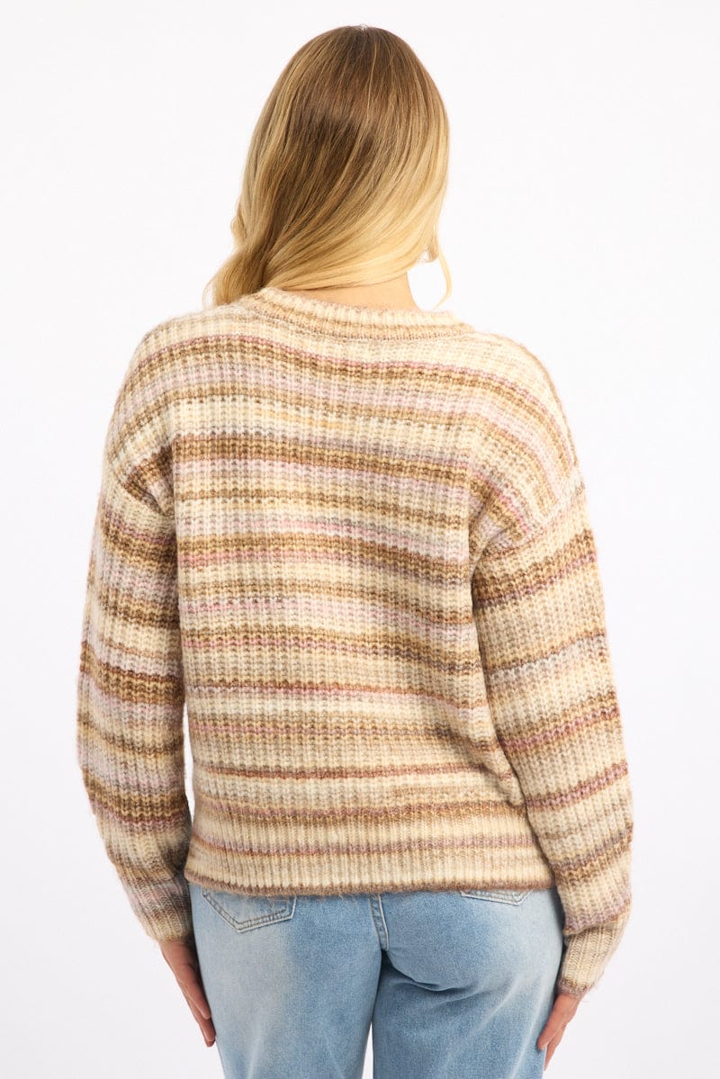 Beige Stripe Knit Jumper Long Sleeve Multi Stripe - Image 4