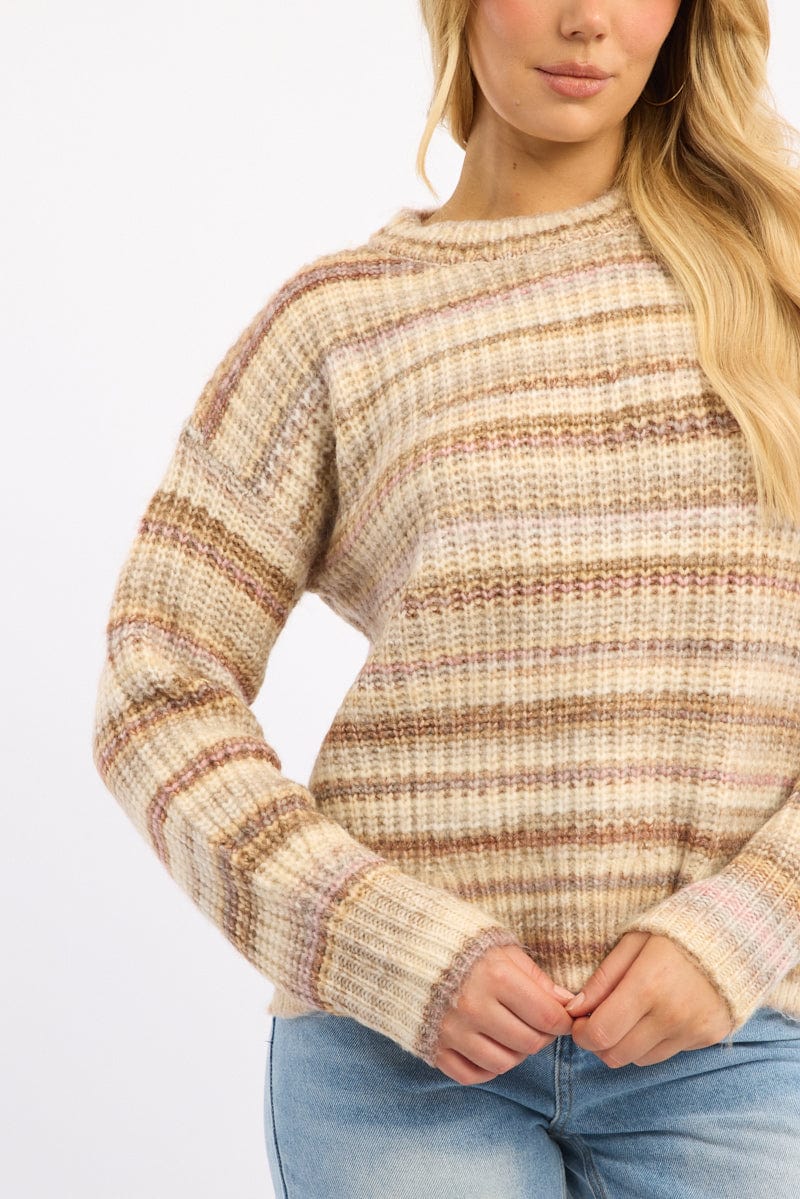 Beige Stripe Knit Jumper Long Sleeve Multi Stripe - Image 5