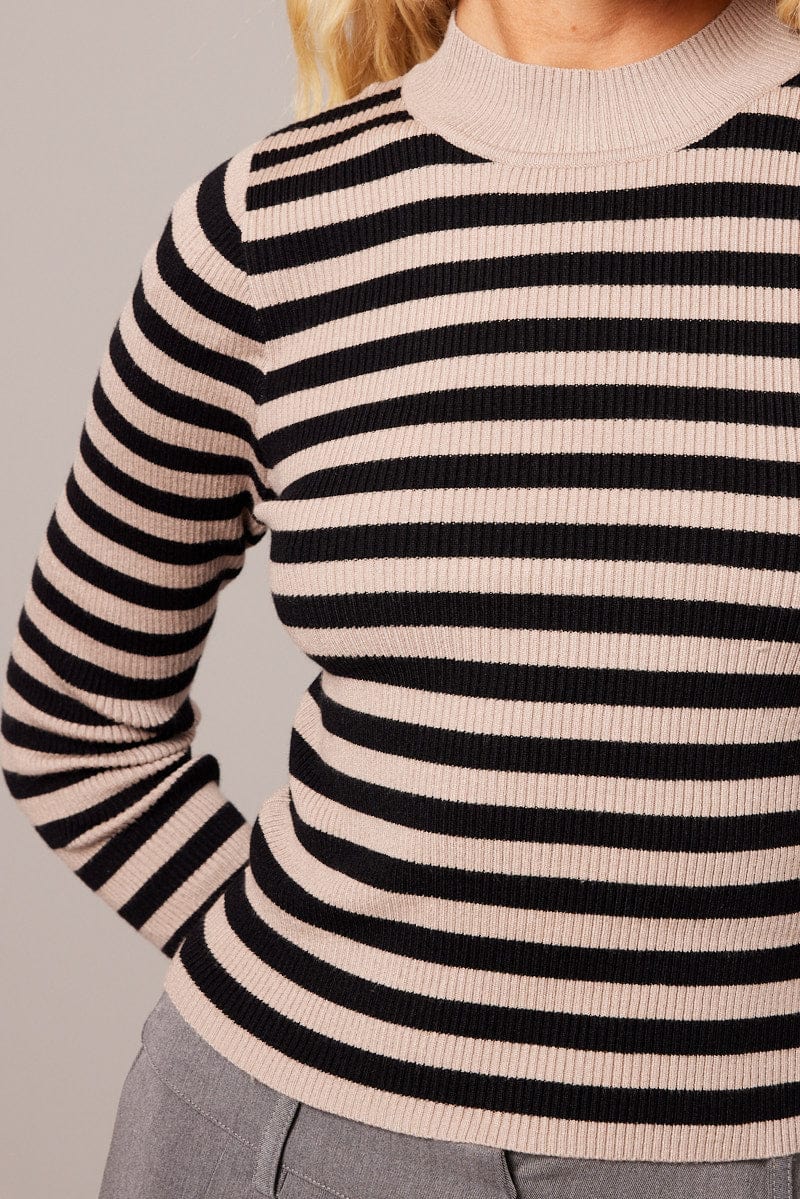 Beige Stripe Knit Top Long Sleeve Funnel Neck - Image 6