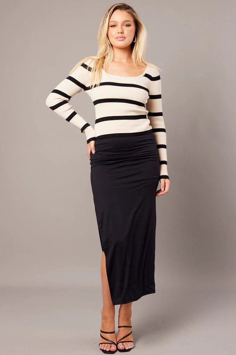 Beige Stripe Knit Top Long Sleeve Scoop Neck - Image 2