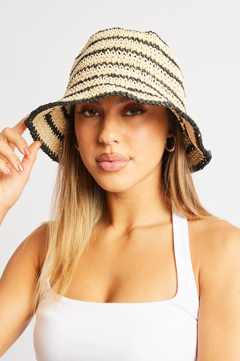 Beige Stripe Straw Bucket Hat