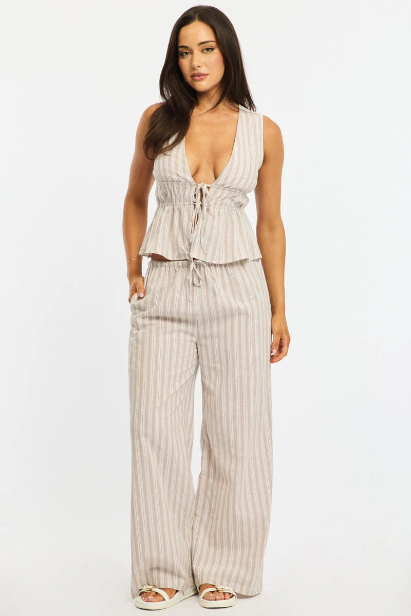 Beige Stripe Wide Leg Pants Elasticated Waist - Image 3