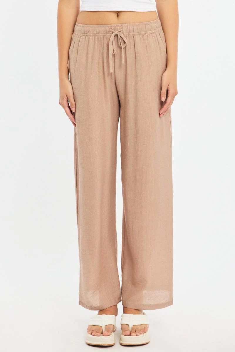 Beige Stripe Wide Leg Pants Elasticated Waist - Image 2