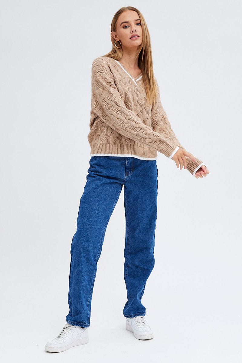 Beige Sweater Long sleeve V neck - Image 2