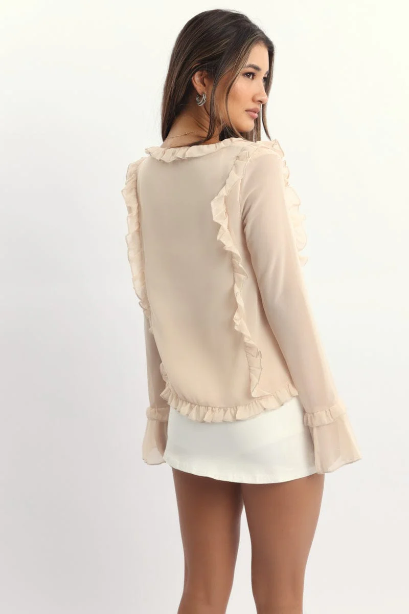 Beige Tie Up Top Long Sleeve V Neck Filled - Image 4