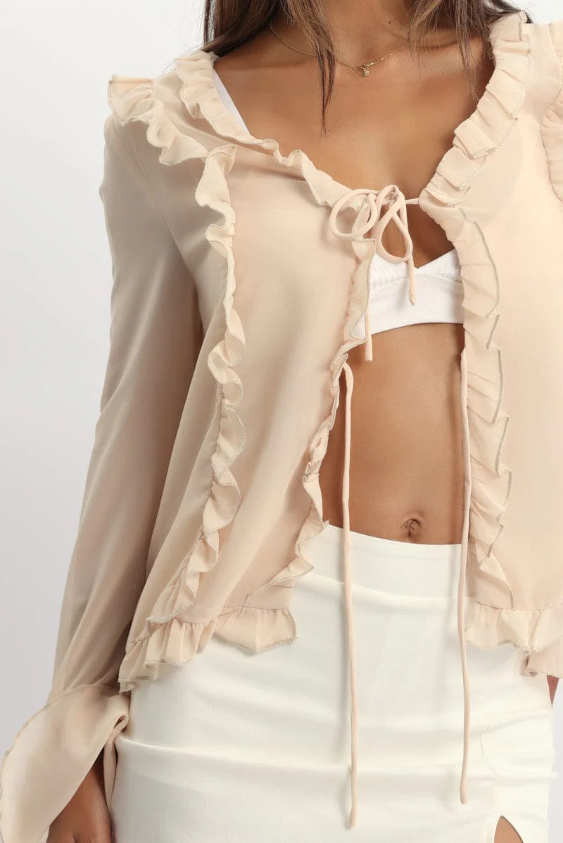 Beige Tie Up Top Long Sleeve V Neck Filled - Image 5