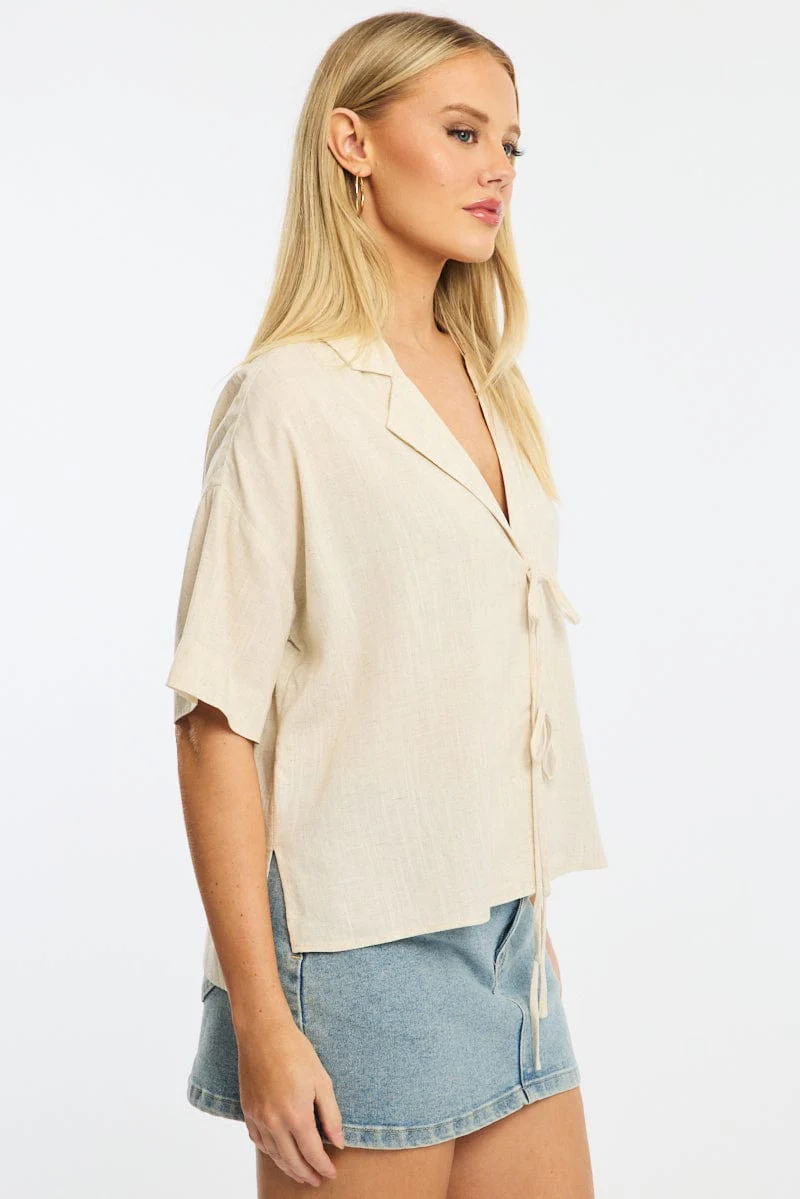 Beige Tie Up Top Short Sleeve - Image 3