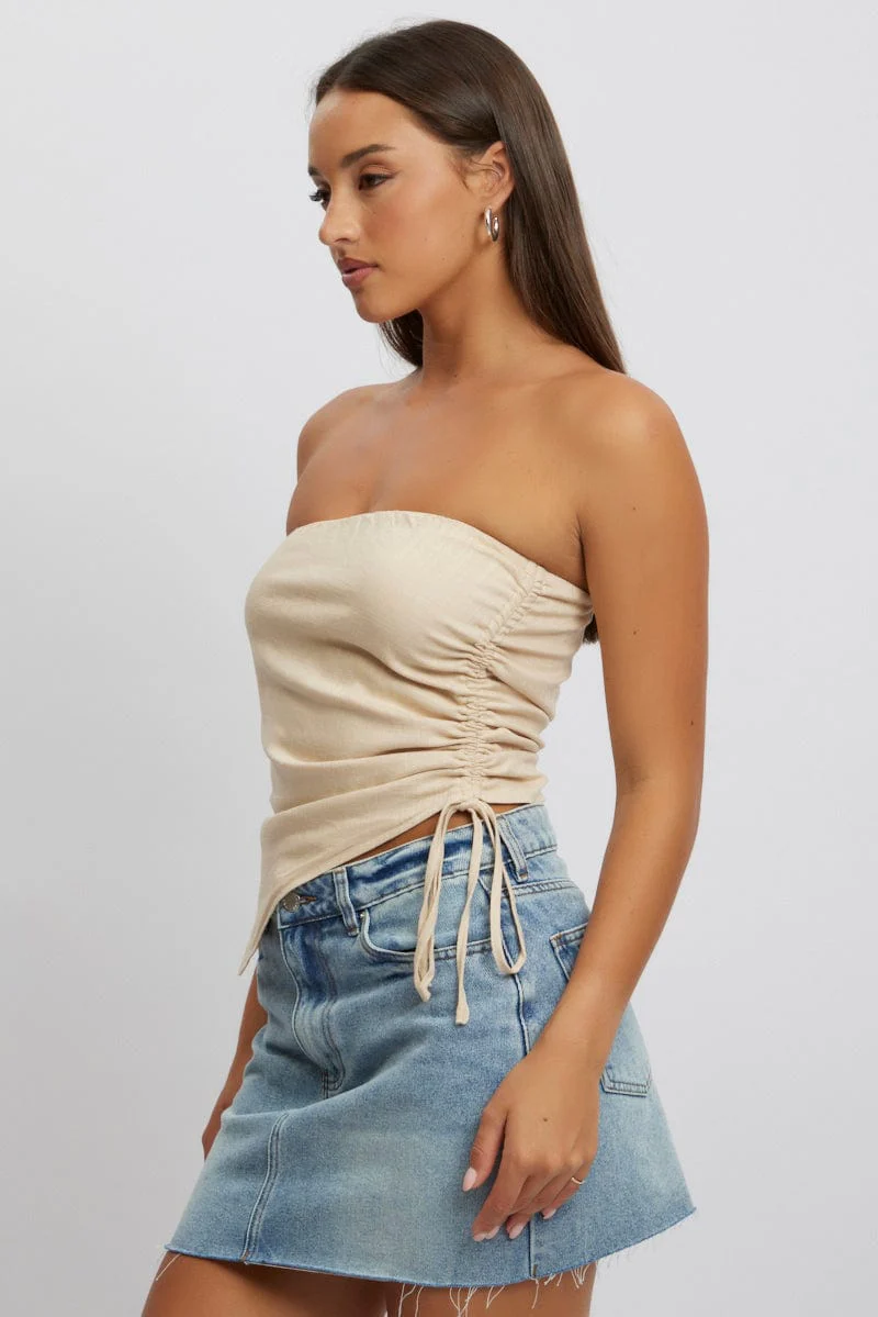 Beige Tube Top Side Ruched Linen Blend - Image 4