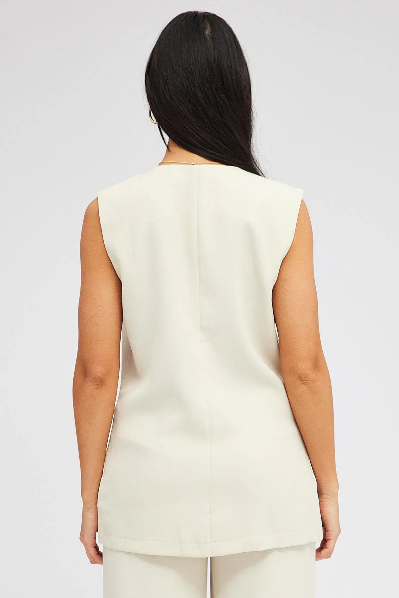 Beige Vest Top Sleeveless V Neck Longline Relaxed Fit - Image 5