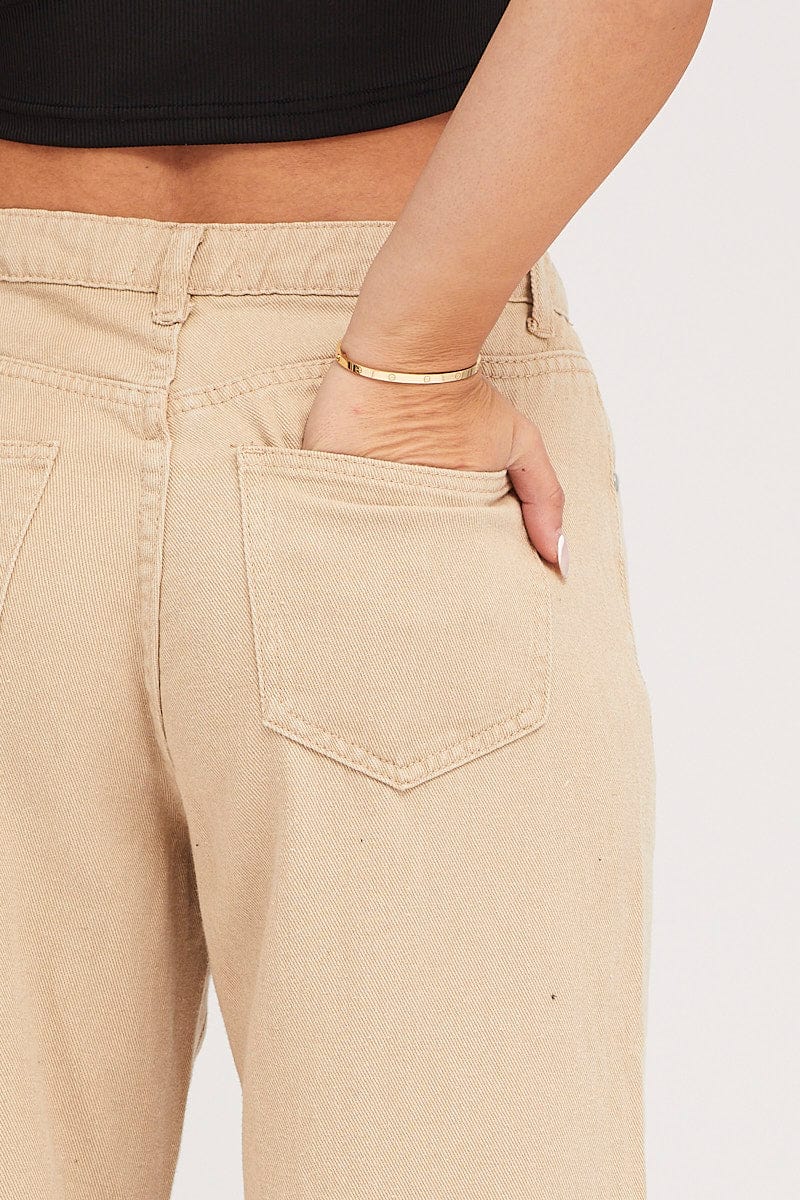 Beige Wide Leg Denim Jeans High Rise - Image 6