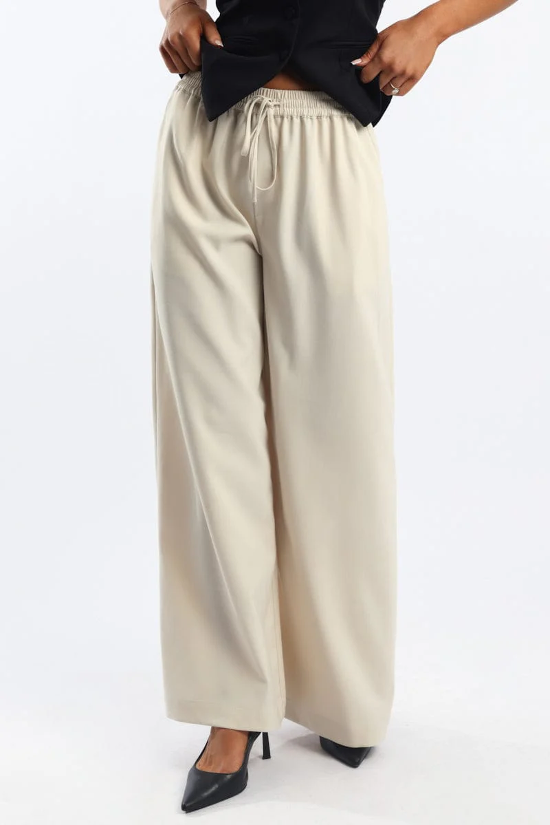 Beige Wide Leg Pants Elasticated Waist - Image 2