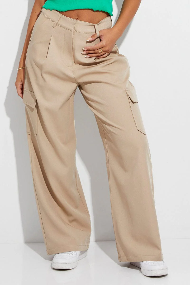 Beige Wide Leg Pants High Rise Cargo Tailored - Image 3