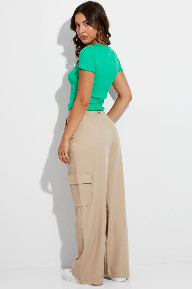 Beige Wide Leg Pants High Rise Cargo Tailored - Image 6