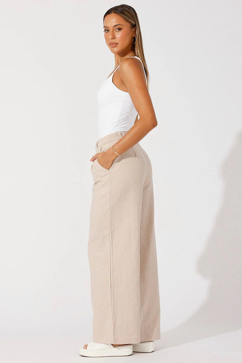 Beige Wide Leg Pants High Rise Tailored - Image 4