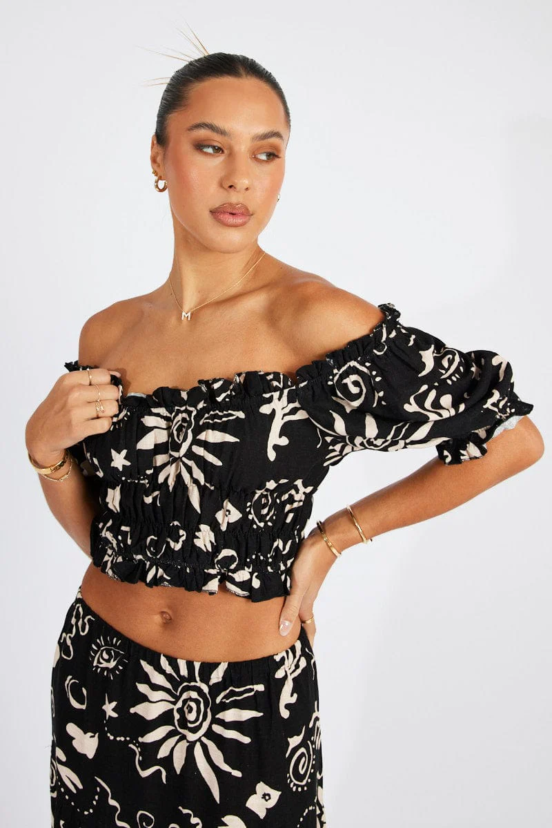 Black Abstract Crop Top Short Sleeve Linen - Image 3