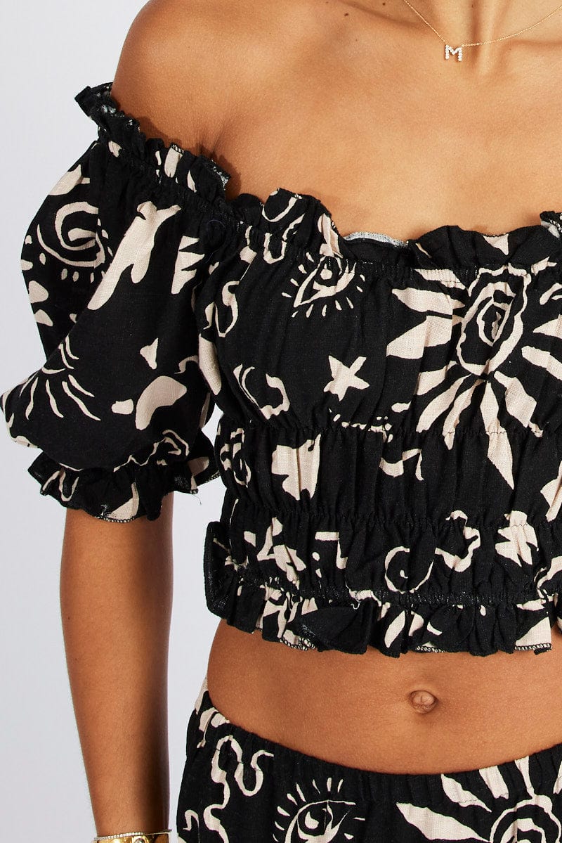 Black Abstract Crop Top Short Sleeve Linen - Image 6