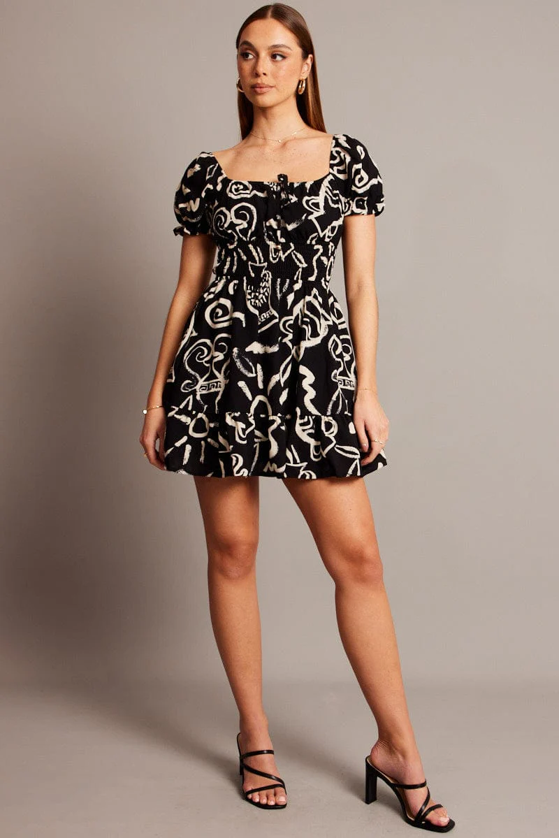 Black Abstract Fit And Flare Dress Mini - Image 2