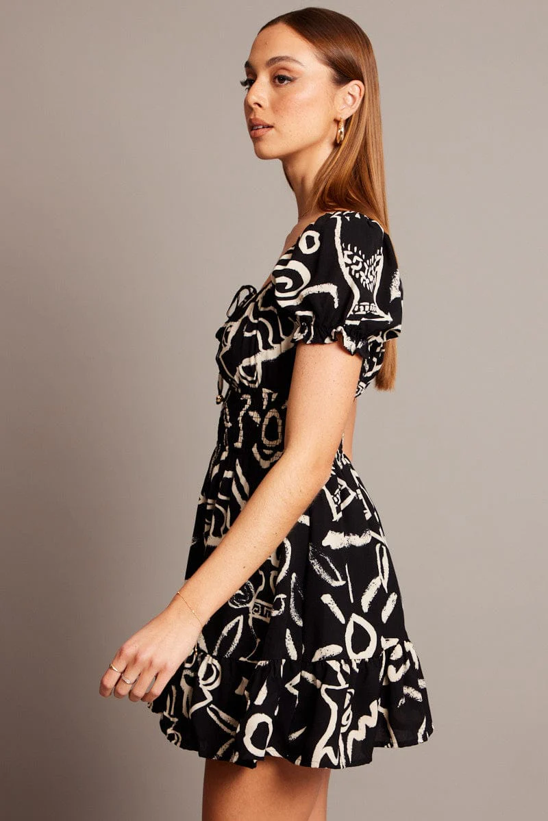 Black Abstract Fit And Flare Dress Mini - Image 4