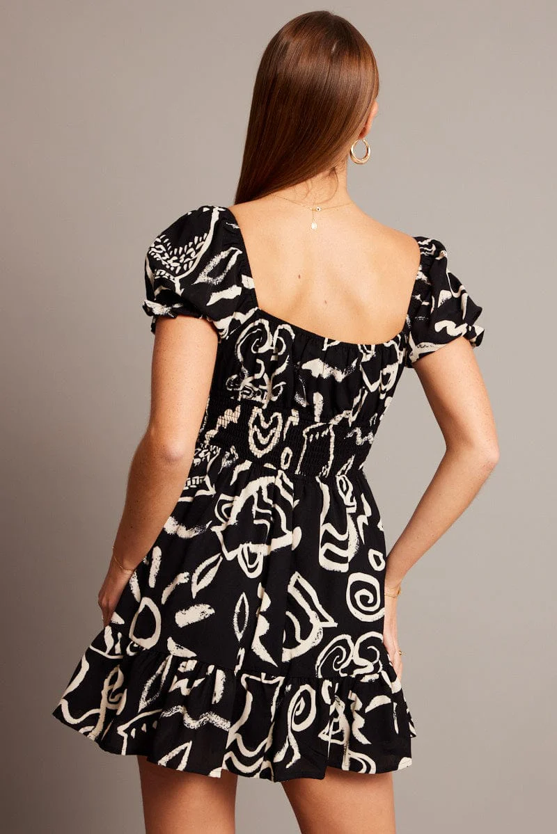 Black Abstract Fit And Flare Dress Mini - Image 5