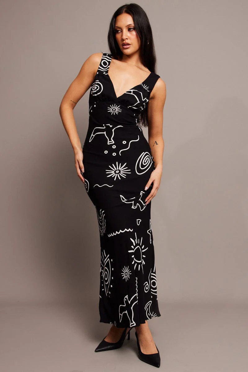 Black Abstract Maxi Dress Plunge V Neck Dress - Image 2