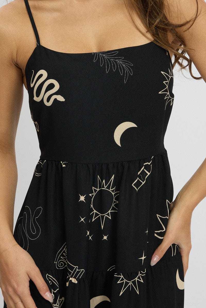 Black Abstract Midi Dress Tiered Strappy - Image 6