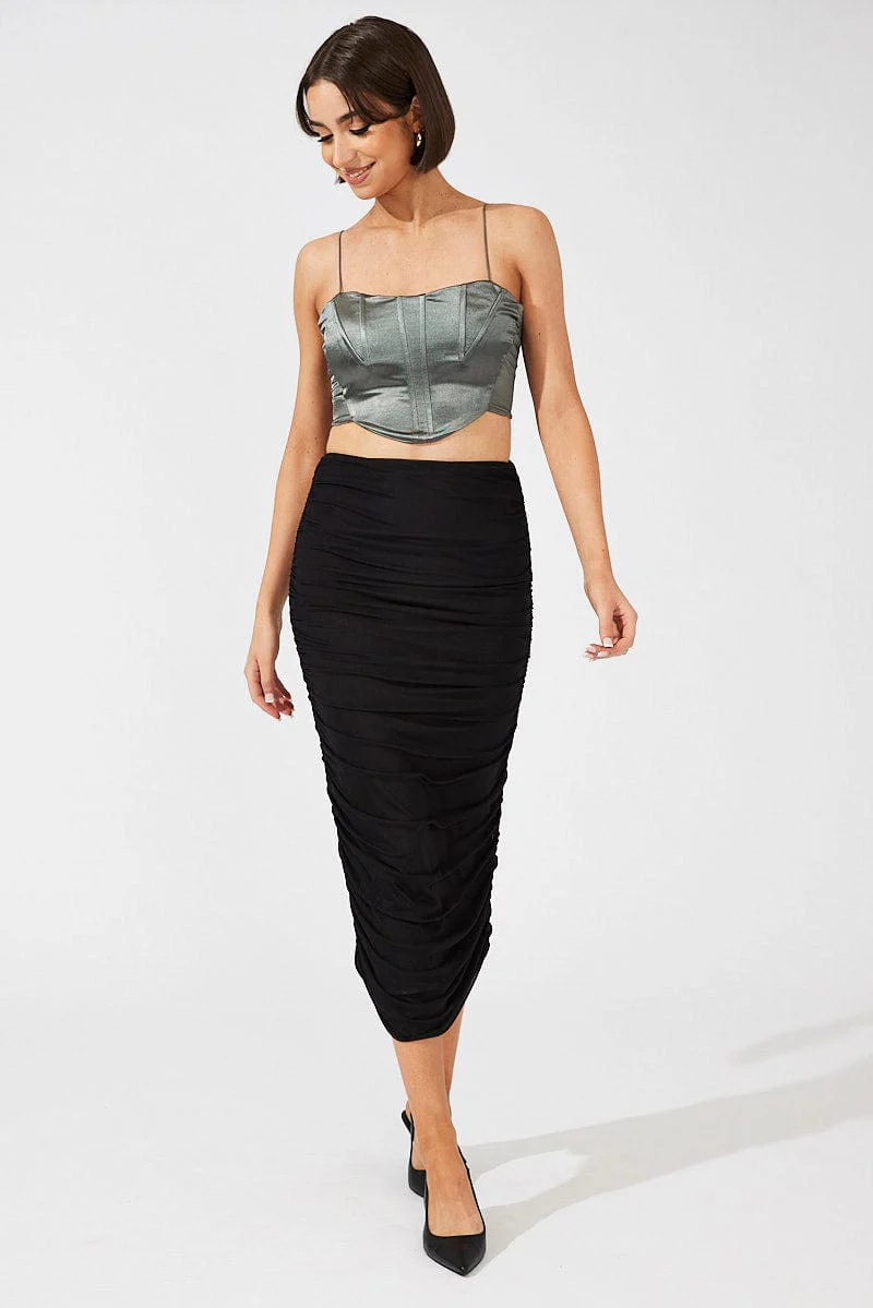 Black Abstract Midi Skirt Side Ruched Mesh - Image 3