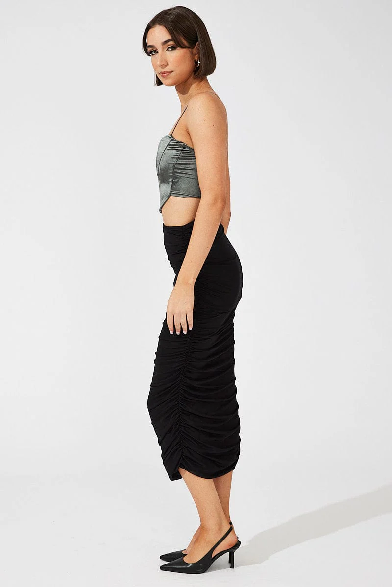 Black Abstract Midi Skirt Side Ruched Mesh - Image 4