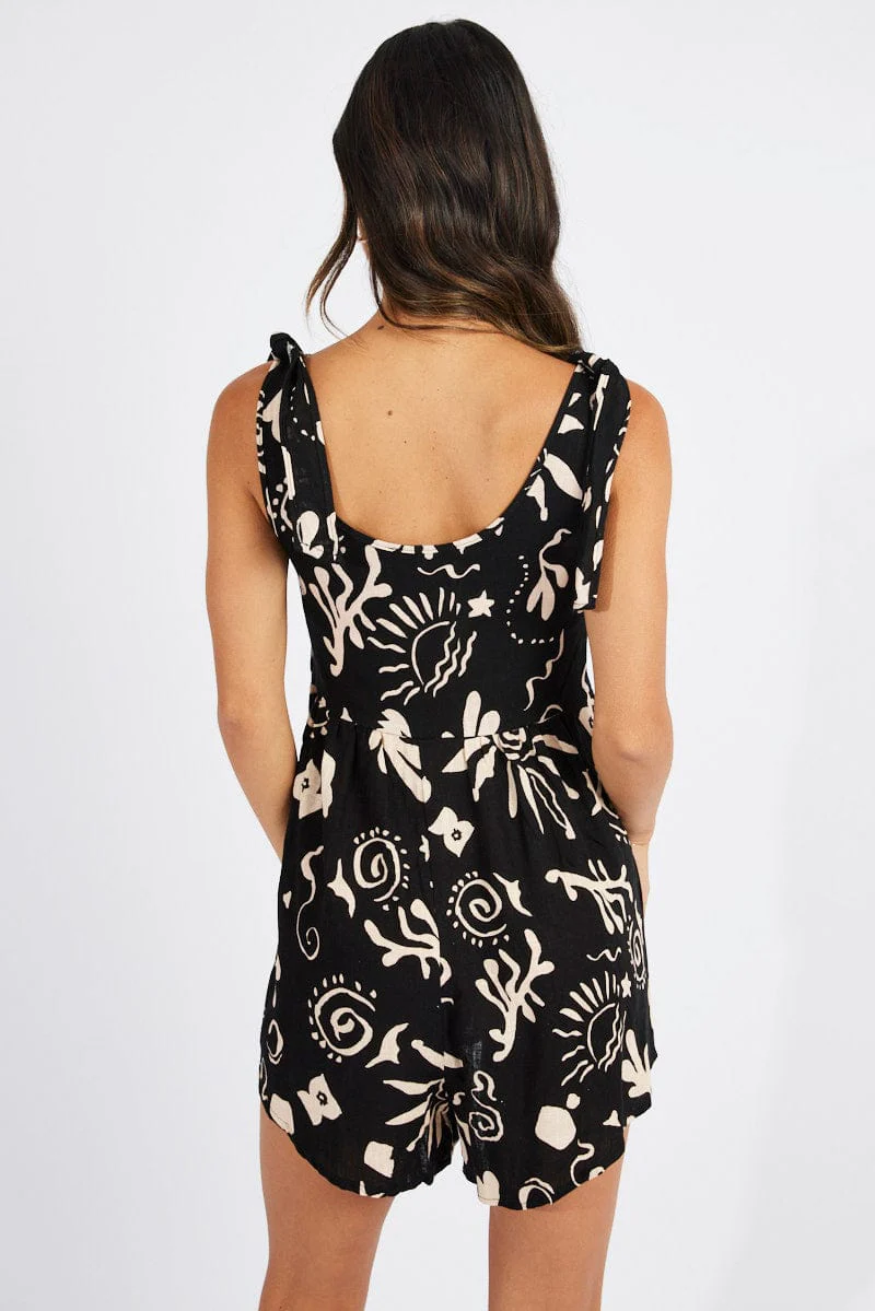 Black Abstract Playsuit Sleeveless Tie Shoulder Linen Blend - Image 6