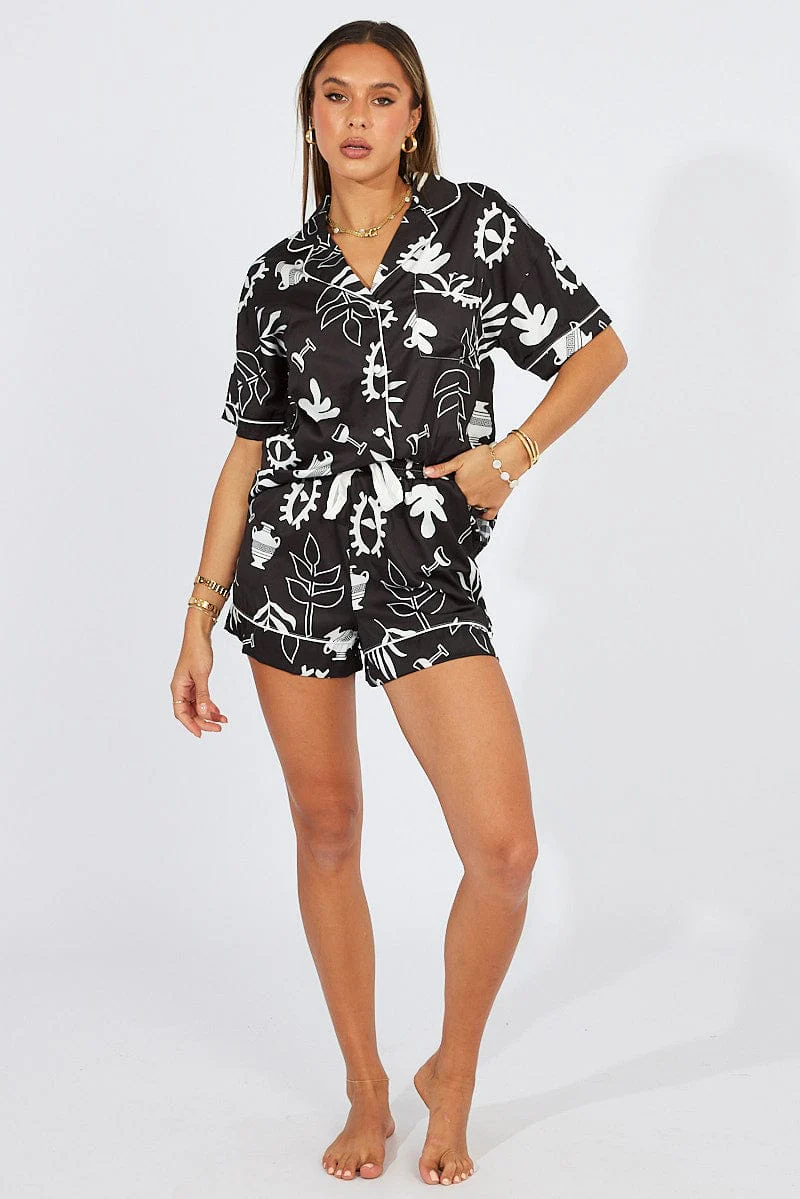 Black Abstract Pyjama Set Minimal Abstract Print PJ - Image 4