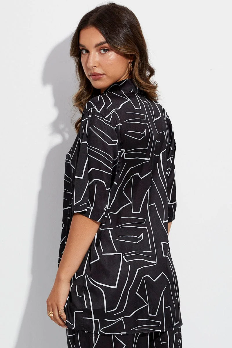 Black Abstract Relaxed Fit Shirt Short Sleeve Collared Longline - Image 5