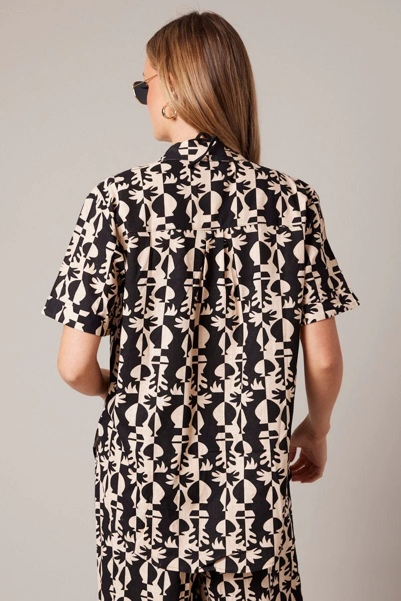 Black Abstract Relaxed Shirt Short Sleeve Linen Blend - Image 5