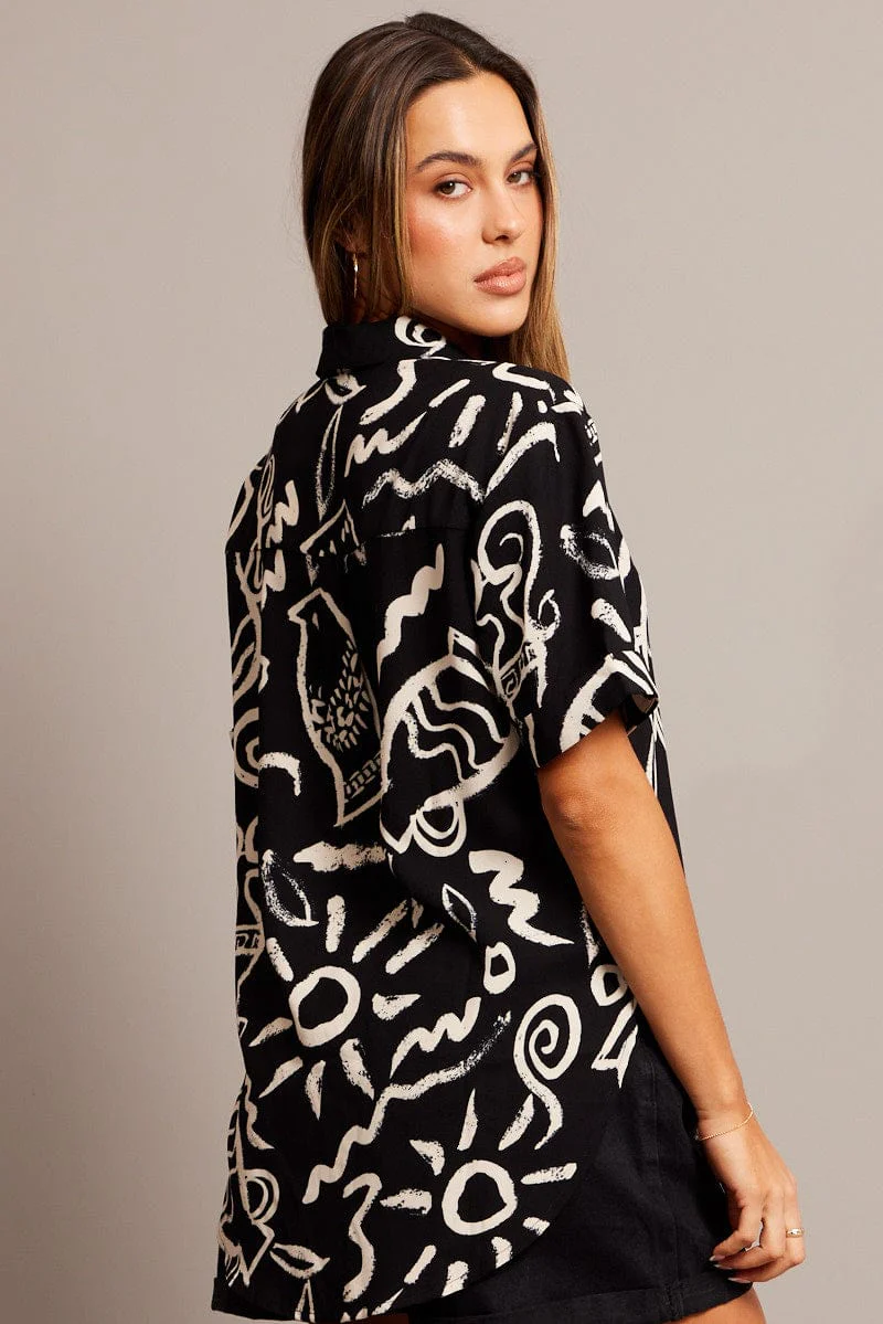 Black Abstract Relaxed Shirt Short Sleeve V-Neck - Image 5