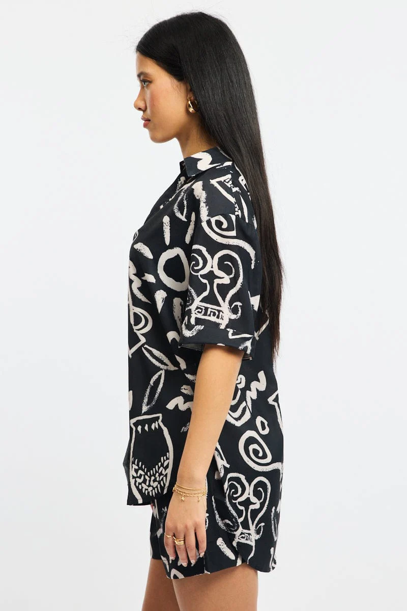 Black Abstract Relaxed Shirt Short Sleeve - Image 3