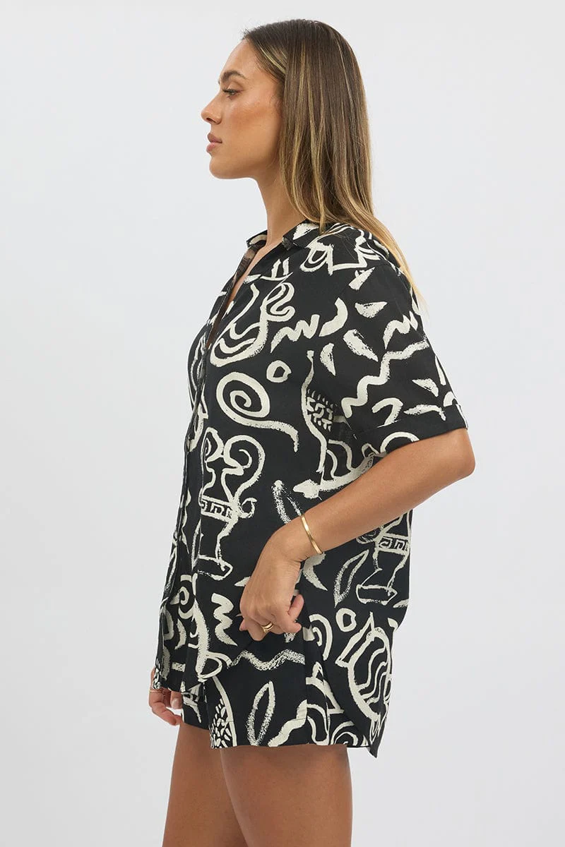 Black Abstract Relaxed Shirt Short Sleeve - Image 4