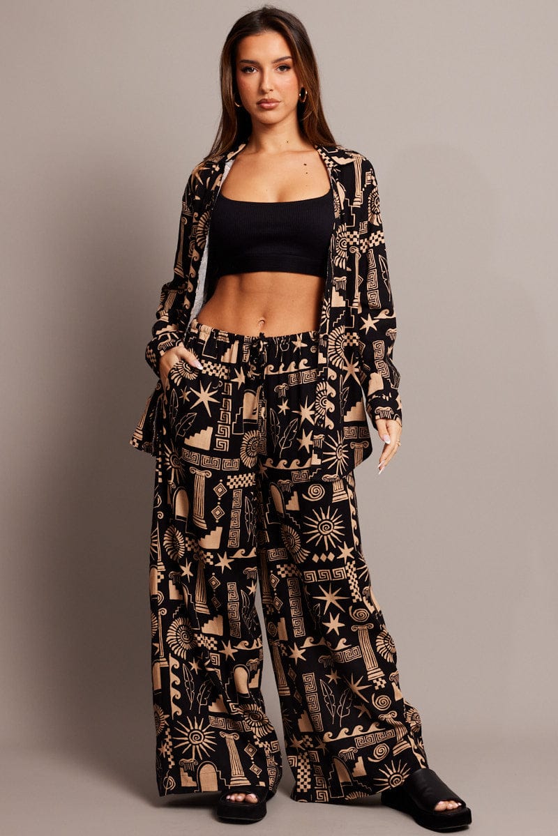 Black Abstract Wide Leg Pants High Rise - Image 2