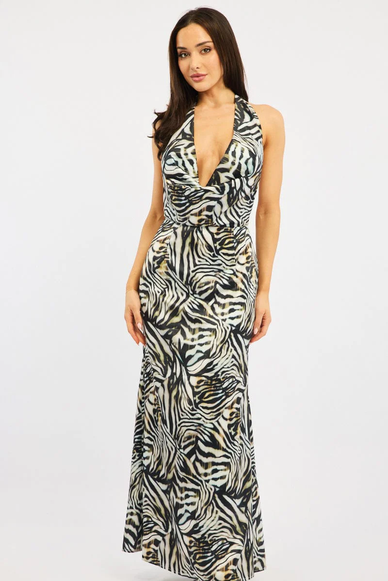 Black Animal Print Cowl Neck Maxi Dress - Image 3