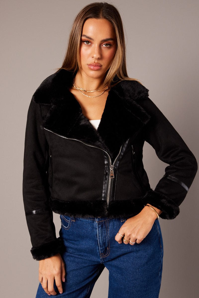 Black Aviator Jacket Long Sleeve Faux Leather - Image 3